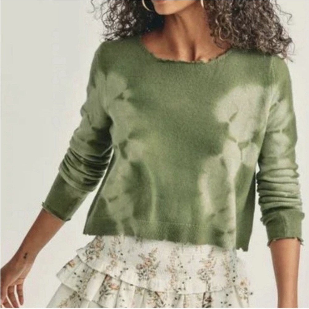 LoveShackFancy Shane Sweater M in Green Tie Dye Cropped Distressed Wool Cashmere